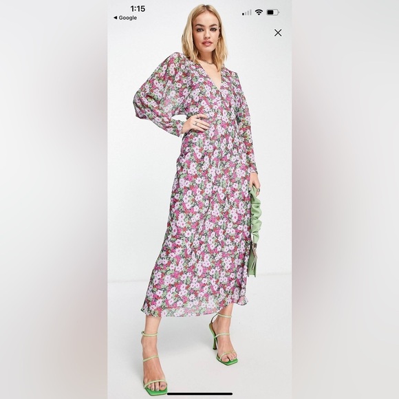 ASOS Dresses & Skirts - ASOS‎ Pink and green floral deep V midi dress size 8.